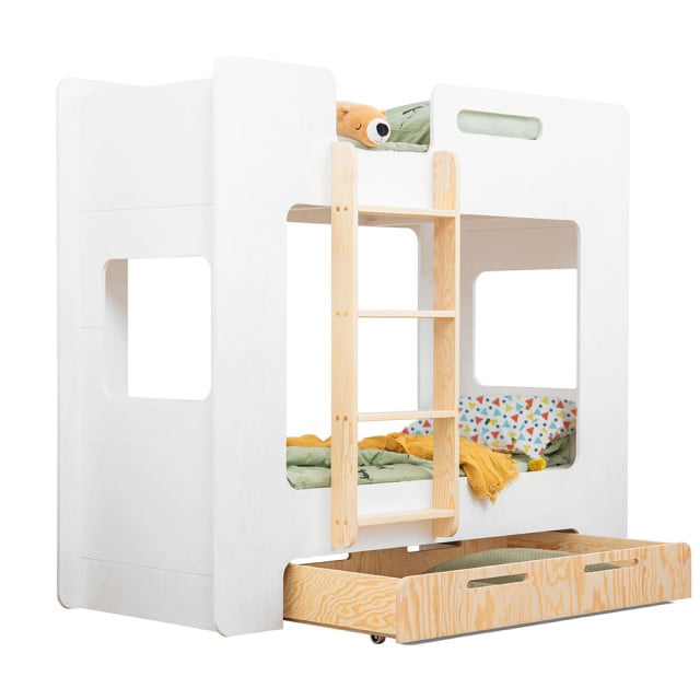 Lits superposés blancs SmartWood avec tiroir et échelle en pin naturel : Un havre de paix pour vos enfants