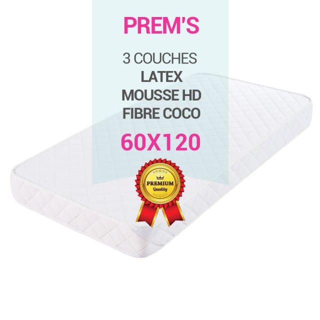 Matelas 60x120 BabyPrem’s : Fibre de Coco + Mousse + Latex