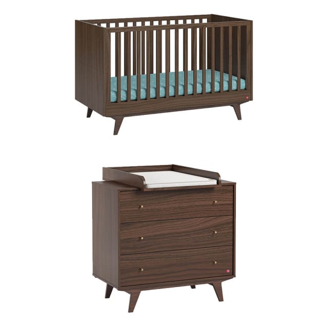 Pack lit et commode bébé finition bois noyer | Chambre bébé Mid Vox