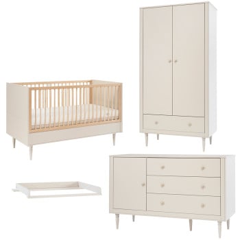 Pack Trio chambre bébé Petite Lune champagne avec lit bébé 70x140 + grande commode à langer + armoire 2 portes