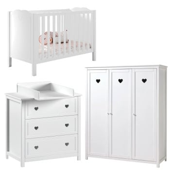 Pack lit bébé + commode à langer + armoire 3 portes cœur Amori