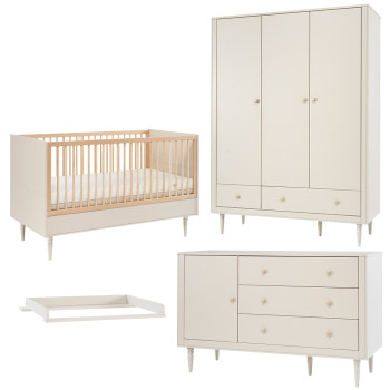 Pack Trio chambre bébé Petite Lune champagne avec lit bébé 70x140 + grande commode à langer + armoire 3 portes