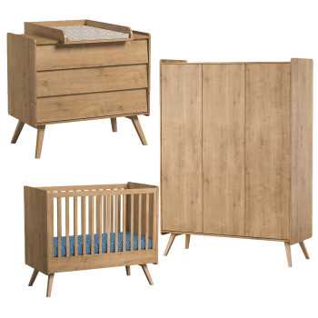 Pack Trio chambre bébé Vintage chêne avec lit 60x120 + commode à langer + armoire 3 portes