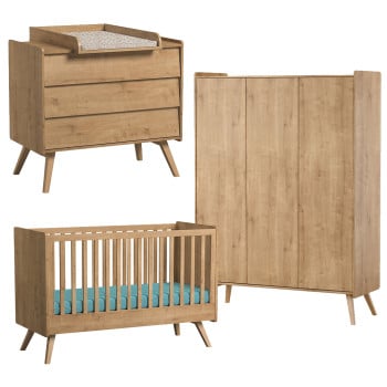 Pack Trio chambre bébé Vintage chêne avec lit 70x140 + commode à langer + armoire 3 portes