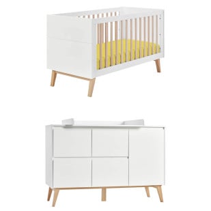 Pack chambre bébé Swing blanc et bois naturel avec lit évolutif 70x140 et grande commode à langer avec placard et 4 tiroirs.