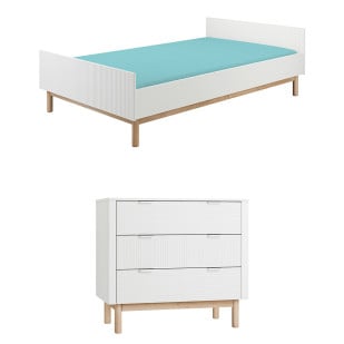 Lit enfant 120x200 et commode 3 tiroirs Miloo blanc et bois – façades striées au design scandinave, mobilier Pinio pour chambre enfant