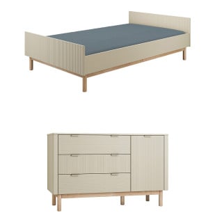 Pack duo Miloo de Pinio pour chambre enfant ou ado, coloris champagne et bois naturel, comprenant un lit 120x200 cm avec sommier et une grande commode à trois tiroirs et une porte
