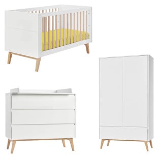 Pack chambre bébé évolutive Swing Pinio : lit 70x140, commode à langer 3 tiroirs et armoire 2 portes en bois blanc et naturel