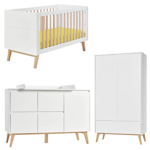 Ensemble de mobiliers bébé Swing blanc et bois avec un lit bébé évolutif 70x140, une grande commode à langer évolutif et une armoire deux portes