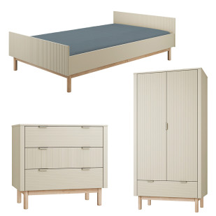 Pack chambre enfant et ado Miloo – lit 120x200 avec sommier, commode 3 tiroirs et armoire 2 portes coloris champagne