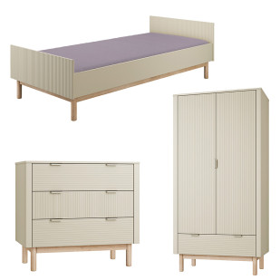 Pack Trio Miloo champagne : lit 90x200, commode 3 tiroirs et armoire 2 portes assortis – mobilier enfant et ado design