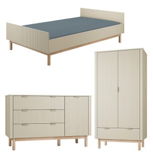 Pack Trio chambre enfant Miloo coloris champagne avec lit 120x200 + grande commode + armoire 2 portes