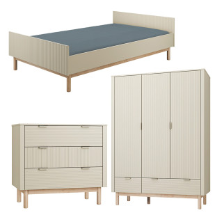 Pack chambre enfant Miloo champagne – lit 120x200, commode 3 tiroirs et armoire 3 portes assortis