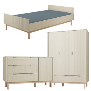 Pack chambre enfant et ado Miloo coloris champagne avec lit 120x200, grande commode 3 tiroirs et porte, et armoire 3 portes assortie