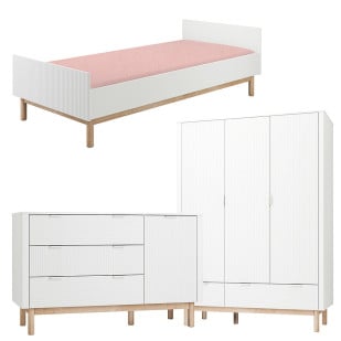 Pack trio chambre enfant Miloo blanc et bois massif avec lit 90x200, grande commode 3 tiroirs + 1 porte et armoire 3 portes aux façades striées design