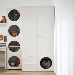 Armoire enfant RELI 2 portes avec 2 tiroirs et espace placard ouvert – Découpe circulaire pour un accès facile aux objets ou un couchage pour animal, marque Vox