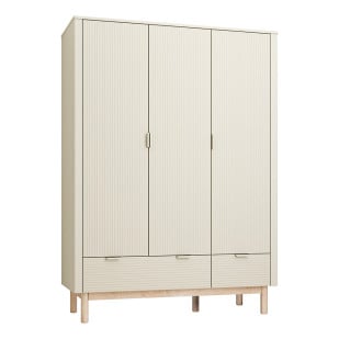 Armoire enfant 3 portes 2 tiroirs Miloo coloris champagne avec pieds en bois massif – mobilier de chambre bébé design et fonctionnel