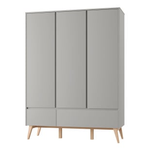 Armoire enfant 3 portes Swing de Pinio – grande capacité de rangement – finition gris taupe et bois massif – mobilier durable pour chambre enfant