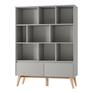 Bibliothèque étagère enfant basse Swing Pinio en bois naturel et gris taupe avec rangements ouverts et tiroirs