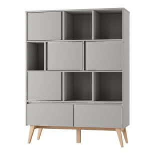 bibliothèque enfant évolutive bois massif et gris taupe Swing Pinio avec rangements fermés et ouverts