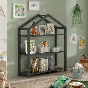 Bibliothèque enfant Montessori Dallas anthracite de Vipack, meuble en bois en forme de maison avec étagères pour jouets et livres.