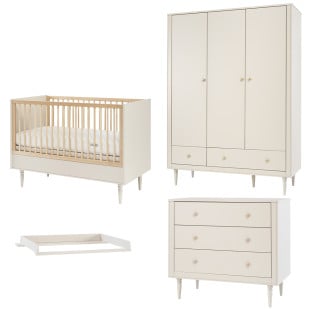 Ensemble de meubles pour chambre bébé Petite Lune Pinio en champagne, comprenant lit à barreaux, armoire spacieuse, commode et plan à langer assorti