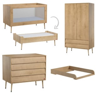 Chambre bébé évolutive complète Bosque Vox Oak en bois, style rétro-scandinave, disponible chez le Jurassien