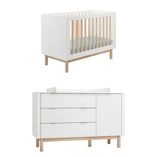 Pack lit bébé et meuble à langer Miloo de Pinio coloris blanc et bois naturel