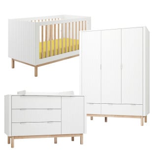 Pack chambre bébé Miloo Pinio – lit 70x140, commode à langer et armoire 3 portes, coloris blanc et bois naturel