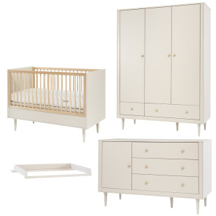 Pack Trio chambre bébé Petite Lune Pinio, lit 60x120, grande commode à langer et armoire 3 portes, coloris champagne et poignées dorées.