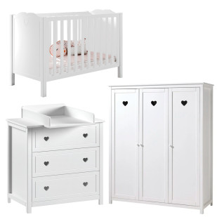 Chambre complète bébé Amori blanc bois style romantique avec lit, commode et armoire 3 portes – Disponible chez Jurassien, marque Jaxx