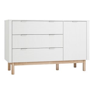 Meuble de rangement Miloo Pinio blanc et bois avec façades striées, trois tiroirs et une porte pour chambre bébé