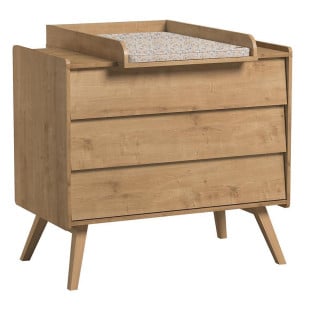 Commode à langer de la collection Vintage Vox, finition chêne en bois massif et panneau, avec dispositif de change amovible et matelas à motifs fleuris