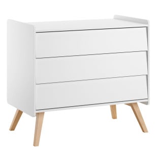 Commode 3 tiroirs de la collection Vintage Vox, finition blanche avec pieds en bois massif de chêne, au design épuré et fonctionnel