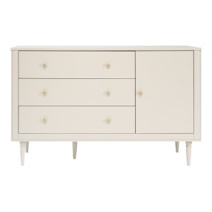 Meuble de rangement enfant Petite Lune Pinio, grande commode champagne à tiroirs et porte, style scandinave