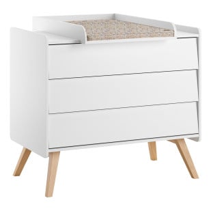 Commode à langer de la collection Vintage Vox, finition blanche avec pieds en bois massif de chêne, équipée d’un plan à langer amovible