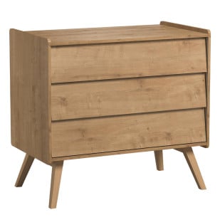 Commode 3 tiroirs collection Vintage de la marque Vox, finition chêne en bois massif et panneau, au design rétro et naturel