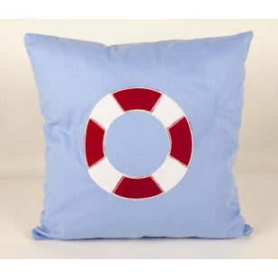 Coussin bébé bleu marine avec motif de bouée rouge et blanche pour chambre enfant.