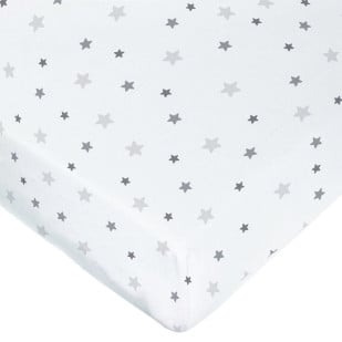 Drap-housse lit bébé 70x140 blanc étoiles en coton jersey Oeko-Tex, marque Domiva, disponible chez le Jurassien