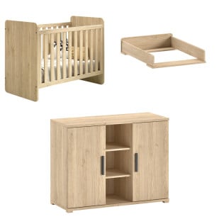 Duo chambre bébé évolutif finition décor chêne. Collection Sam par Vipack, disponible chez Jurassien pour une chambre élégante et fonctionnelle.