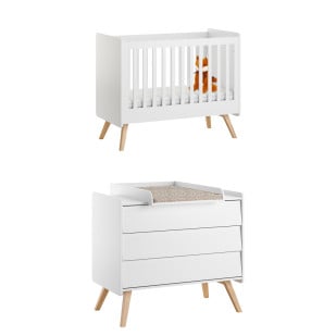 Pack duo chambre bébé Vintage blanche – lit 60x120 cm avec commode à langer assortie