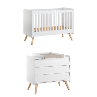 Pack chambre bébé Vintage blanc – lit 70x140 cm et commode à langer avec pieds en bois style scandinave