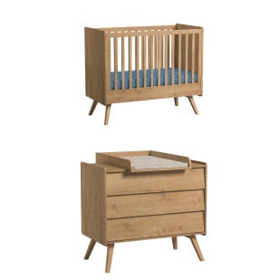Chambre bébé avec lit 60x120 cm et commode à langer collection Vintage de la marque Vox, finition chêne en bois massif et panneau