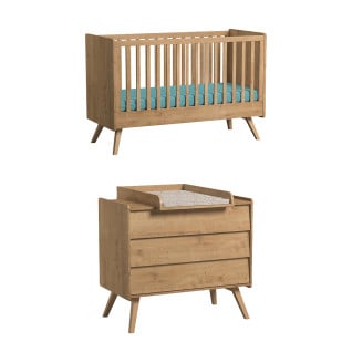 Pack duo chambre bébé avec lit 70x140 cm et commode à langer collection Vintage de la marque Vox, finition chêne en bois massif et panneau