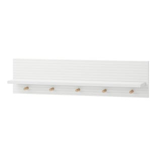 Étagère murale Miloo Pinio blanche avec façades striées et cinq patères en bois naturel pour chambre bébé ou enfant