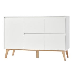 Grande commode blanche et bois Swing avec 4 tiroirs et 1 porte – mobilier de rangement design pour chambre bébé ou enfant