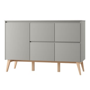 Commode pour chambre d'enfant large Swing grise et bois avec 4 tiroirs et 1 porte – vue de face – collection Pinio