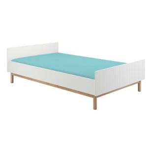 Lit 120x200 Miloo Pinio blanc et bois massif, couchage une place large au design scandinave pour adolescent ou jeune adulte