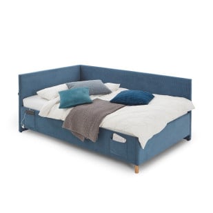 Lit banquette 140x200 Meise Cool en tissu côtelé bleu avec poches et ports USB intégrés
