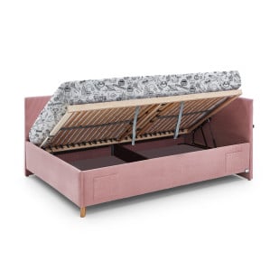 Banquette lit coffre rose 120x200 avec sommier relevable – espace de rangement intégré